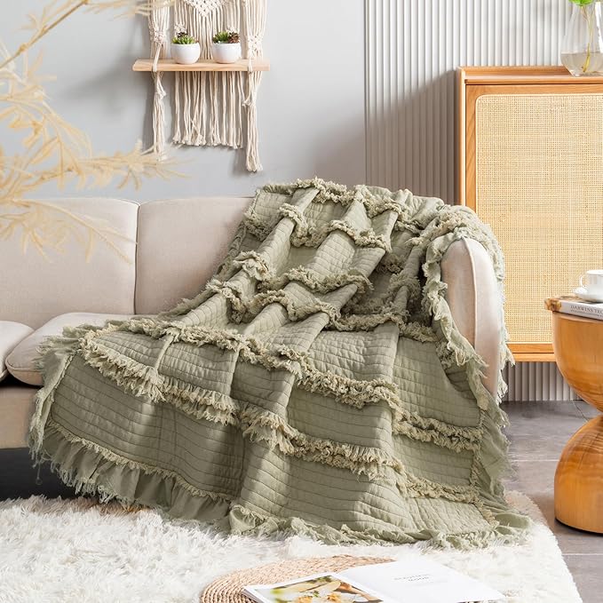 Ultra Soft Pre-Washed Quilted Boho Olive Green King Size Blankets for Bed, Green Ruffle Fringed Decorative Throw, Stone Washed Chic Rustic Blanket for Sofa Couch Bed, 104"*90"