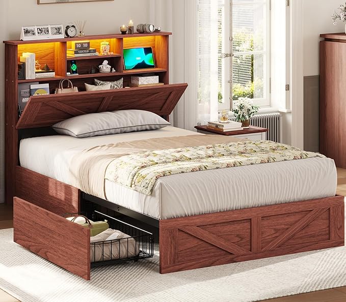 VIAGDO Farmhouse Bed Frame Twin Size with Bookcase Storage Headboard, Charging Station and LED Lights, Wooden Twin Bed Frames with 4 Drawers, Barn Door Design, No Box Spring Needed, Reddish Brown