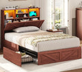 VIAGDO Farmhouse Bed Frame Twin Size with Bookcase Storage Headboard, Charging Station and LED Lights, Wooden Twin Bed Frames with 4 Drawers, Barn Door Design, No Box Spring Needed, Reddish Brown