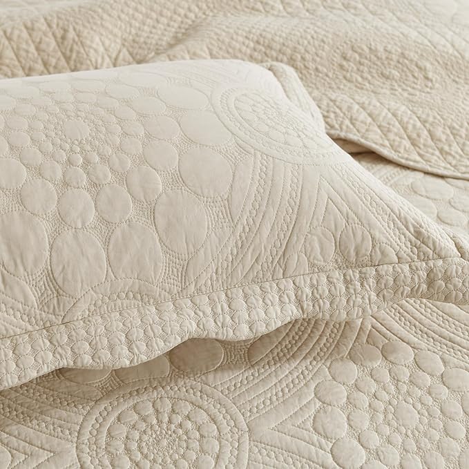 MarCielo 3-Piece 100% Cotton Oversized Bedspread Lightweight Quilt Coverlet Embroidery Farmhouse Bedding (Tf Khaki Beige, Oversized Queen (100"x106"))