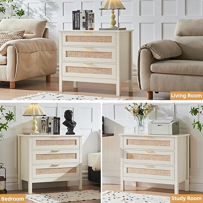 LEYAOYAO 31.5" Wide Rattan Night Stand, Large Boho Nightstand, Bedside Table with Storage, Tall Bed Side End Tables, Chest of Drawers for Bedroom, Living Room, Hallway（Grey,3 Drawers,2）