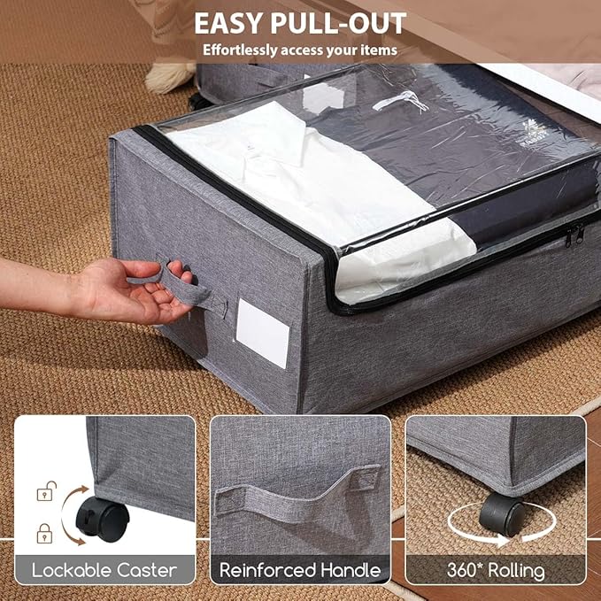 Under Bed Storage with Wheels, Rolling Under bed Storage with Metal Frame, Under Bed Shoe Storage for Space Saving, Zippered Clear Lid, Heavy-Duty Steel Base for Clothes,4XL 90L