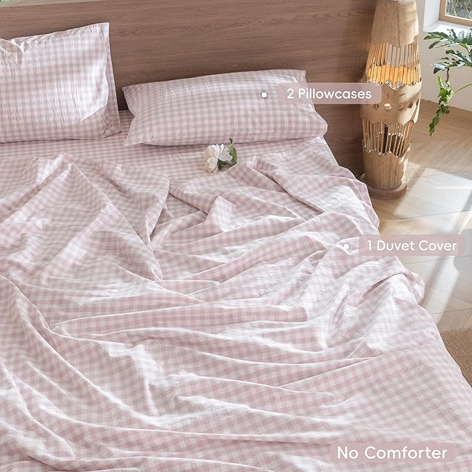 MooMee Gingham Duvet Cover Set 100% Washed Cotton Linen Like Textured Breathable Durable Soft Comfy Modern Checkered Design (Classic Gingham Greyish Pink, Palatial King/Oversized King 120"x98")