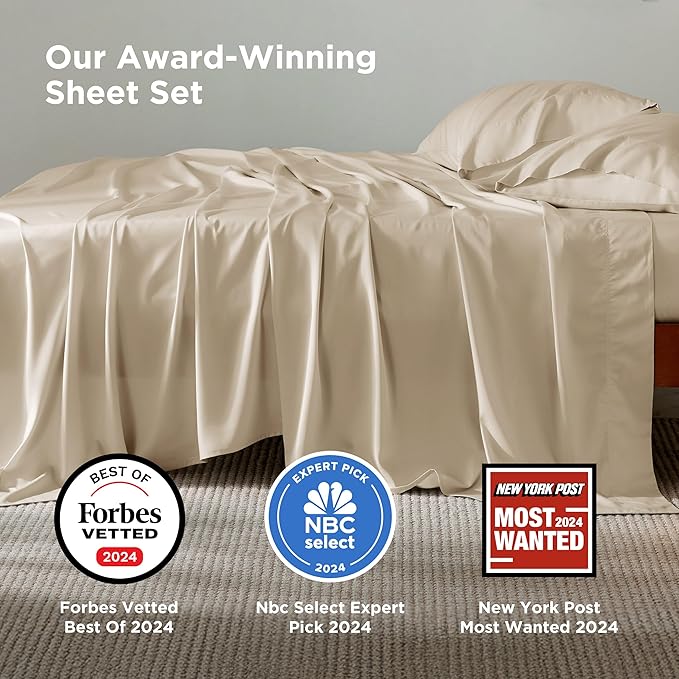 Bedsure Full Size Bed Sheets, Cooling Sheets, Rayon Derived from Bamboo, Breathable & Soft, Deep Pocket Up to 16 Inches, Hotel Luxury Silky Bedding for Hot Sleepers, Beige