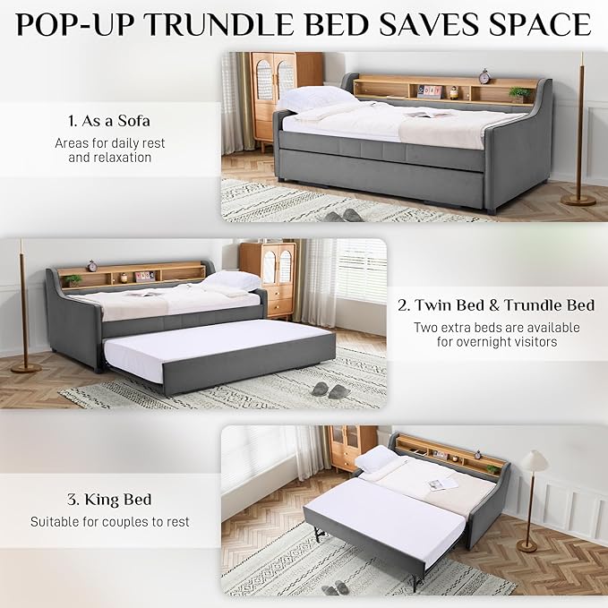 Twin Size Daybed with Pop Up Trundle Bed, Linen Upholstered Day Bed Frame with w/LED/USB/Type C/Storage Headboard, Twin to King Daybed for Living Room Bedroom, No Box Spring Needed, Dark Grey