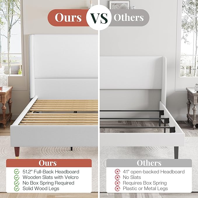 Jocisland Full Upholstered Platform Bed Frame with 51.2" Tall Wingback Headboard–Solid Wood Legs, No Box Spring Needed, White Linen–Modern Style for Any Bedroom