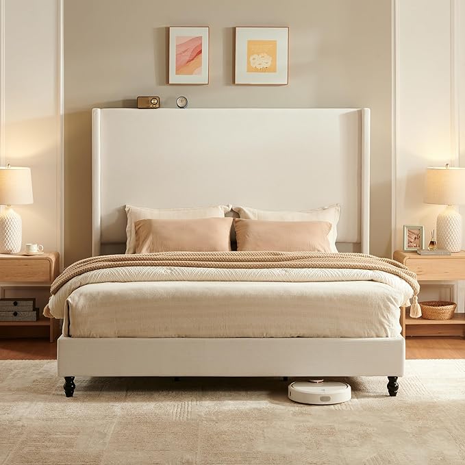 King Bed Frame with 65" Tall Headboard, Horizontal Fine Corduroy Bed Frame with Wingback, Upholstered Platform Bed, Vintage Solid Wood Gourd Legs, No Box Spring Needed, Cream