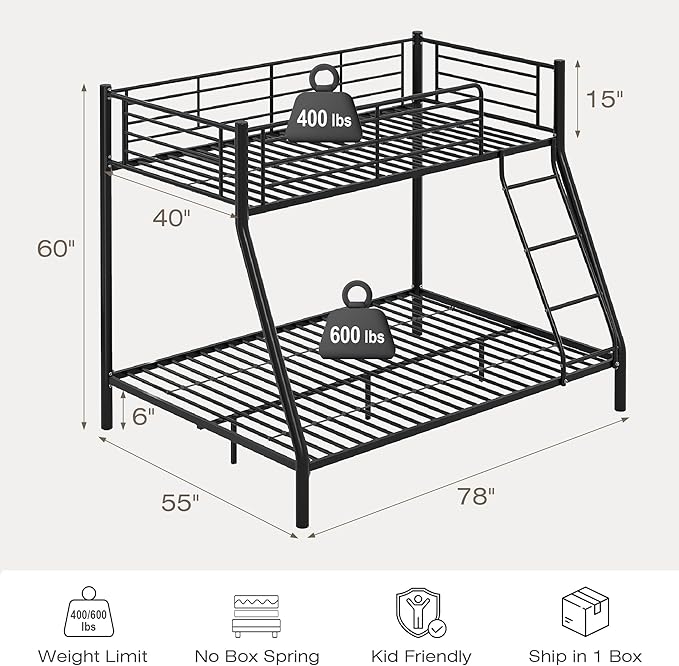 VECELO Bunk Bed Twin Over Full, Metal Bunkbeds with Ladder and Full-Length Guardrail, No Box Spring Needed, Space Saving, Noise Free, Matte Black