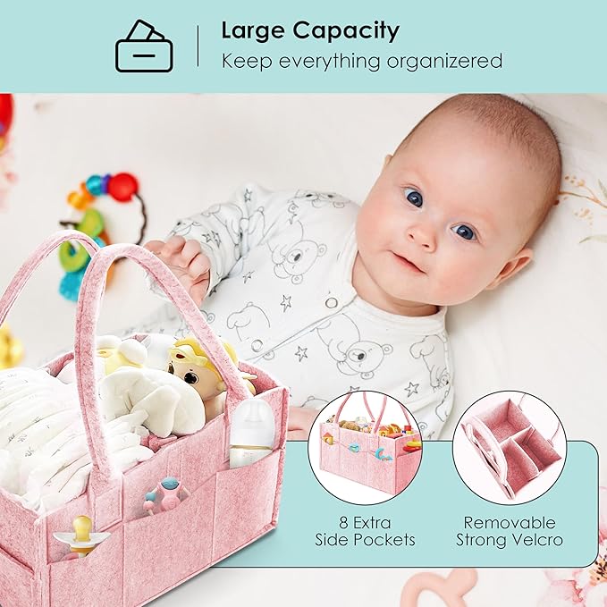HIPHOP PANDA 2-Pack Diaper Caddy Organizer - Nursery Storage Bin & Car Organizer for Diapers, Wipes, and Baby Essentials - Dual-Color Solid Set (Pink/Oatmeal), Large Size