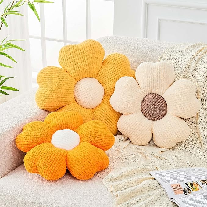 Kcvvcr Flower Throw Pillow, Cute Flower Shaped Pillow Decorative Throw Pillow for Bed Couch, Soft Daisy Pillows Floor Seating Cushion Cushions (14.9 Inch Orange)