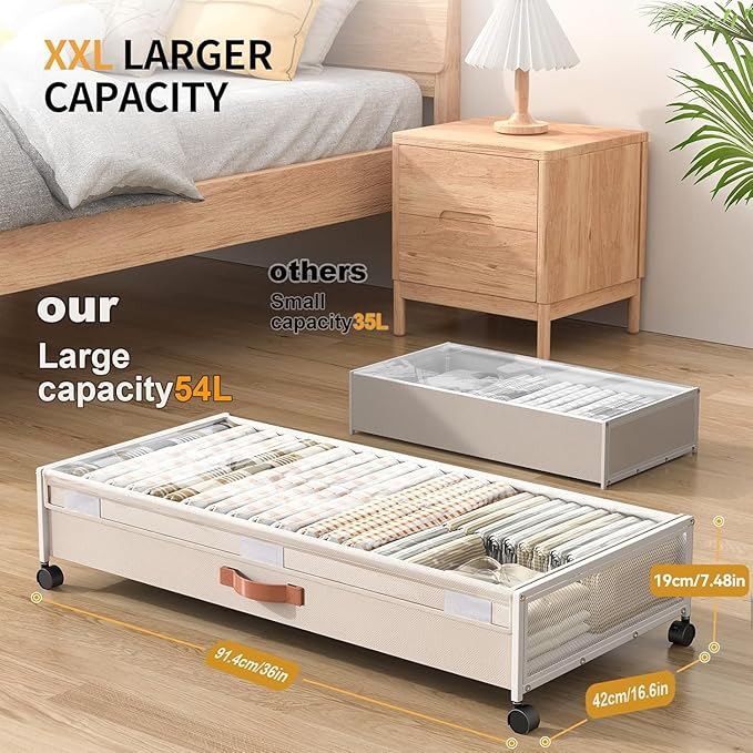 Under Bed Storage with Wheels, XXXL Larger Under Bed Storage Containers with Clear Lids, 36'' Lengthen Under Bed Shoe Organizer for Shoes Clothes(White 2 Pack, XXXL(36"x16.6"x7.48"))
