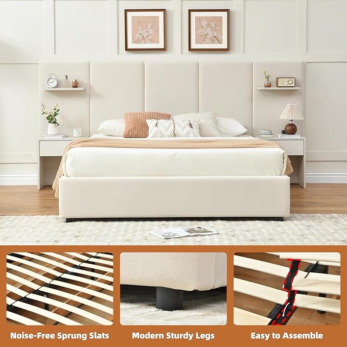 Queen Bed Frame with Storage & Built-in Nightstands, Velvet Upholstered Platform Bed Frame with Drawers & 2 Floating Storage Shelves, Noise-Free, No Box Spring Needed, Easy Assembly, Beige