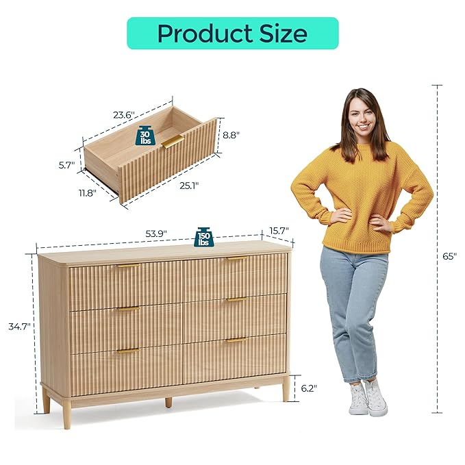 LINSY Fluted Dresser for Bedroom with 6 Drawers, Mid Century Modern Chest of Drawers with Gold Metal Handles, Wide Boho Wood Dressers, Large Farmhouse Storage Cabinet for Bedroom, Living Room, Oak