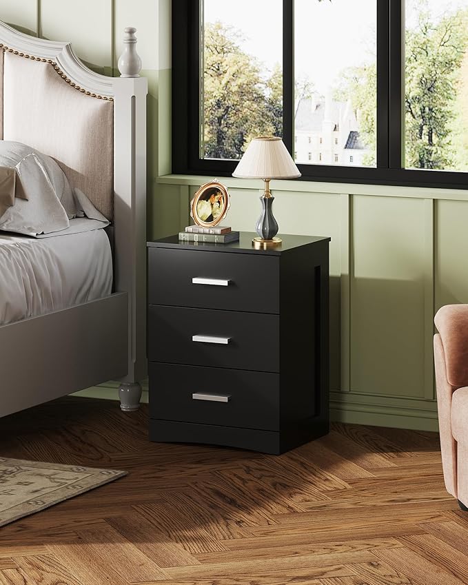 WLIVE Black Night Stand with 3 Drawers, Small Wooden Nightstand, Bed Side Table for Bedroom, Living Room, Dorm, Modern Minimalist Bedside Table, 12.9" D x 16" W x 21.6" H