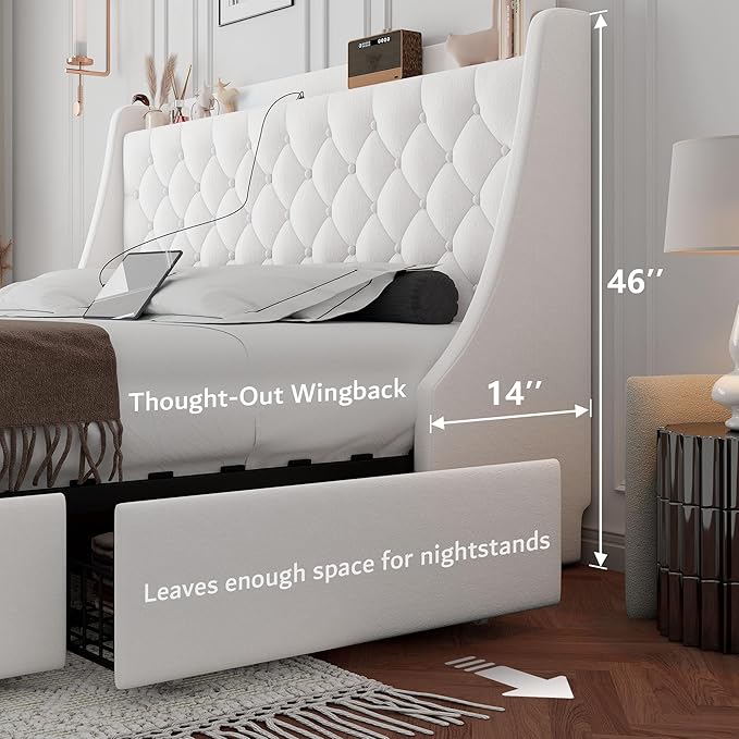 iPormis Full Size Bed Frame with 4 Storage Drawers, Upholstered Platform Bed Frame with Type-C & USB Ports, Wingback Storage Headboard, Solid Wood Slats, No Box Spring Needed, White