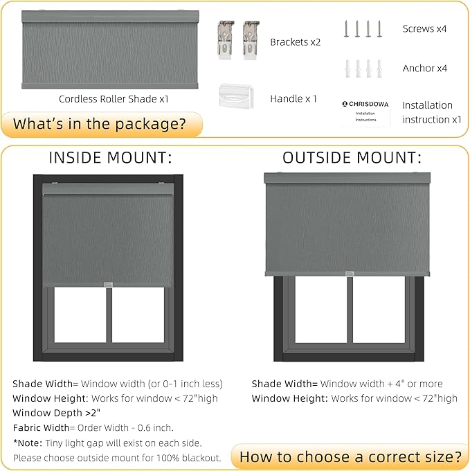 ChrisDowa Cordless Blackout Roller Shades for Windows, Striped Free-Stop Window Blinds with Privacy, Thermal Insulated Window Shades for Home, Office and Door. Grey, 36" W x 72" H