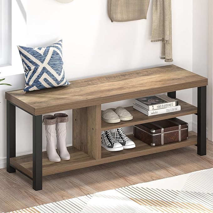 FOLUBAN Shoe Bench for Entryway, Wood and Metal Indoor Bench with Shoe Storage and Seating for Bedroom, Hallway, Living Room, Rustic Oak, 43.3 Inch