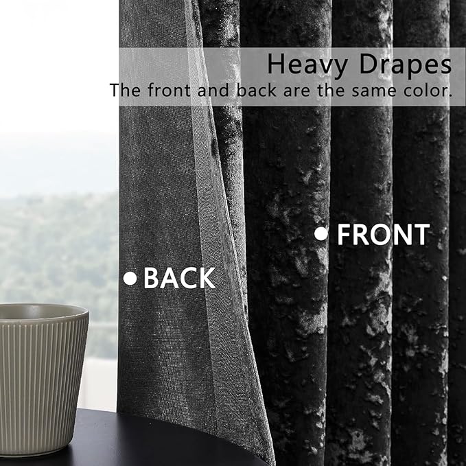 SMILETIME Black Crushed Velvet Curtains 52x84 inch Luxurious Thermal Insulated Soundproof Drapes for Living Room Bedroom Office Soft and Durable Light-Filtering Window Treatments, 2 Panels