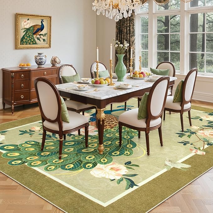 Lahome Peacock Area Rugs 8x10, Soft Washable 8x10 Rugs for Living Room, Floral Non Slip Vintage Ultra-Thin Stain Resistance Large Carpet for Bedroom Office Farmhouse Dining Room, Beige