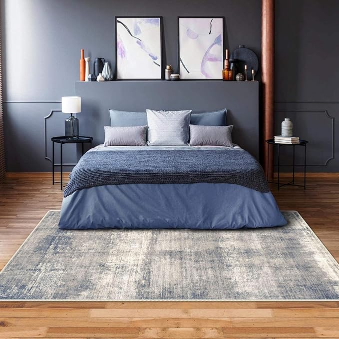 vivorug 9x12 Area Rugs for Living Room, Non Slip Machine Washable Modern Abstract Rug, Ultra-Thin Lightweight Large Area Rug for Bedroom, Dining Room, Low Pile Grey/Navy
