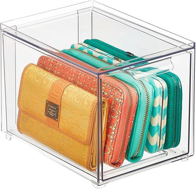 mDesign Plastic Closet Organizer Bin w/Pull Out Drawer - Slim Stackable Storage for Closet - Organization for Accessories, Bags, Totes, Small Linens, and More - Lumiere Collection - 2 Pack - Clear