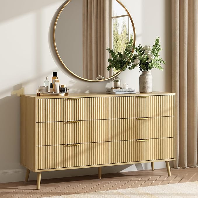 CARPETNAL Fluted 6 Drawer Dresser for Bedroom, 55" Wide Wooden Chest of Drawers with Rounded Corners, Gold Handles, Modern Storage Organizer for Bedroom, Hallway(Oak)