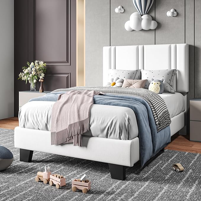 Upholstered Twin Size Bed Frame with Velvet Fabric Headboard, Strong Wooden Slats Support, Noise Free, No Box Spring Needed, White