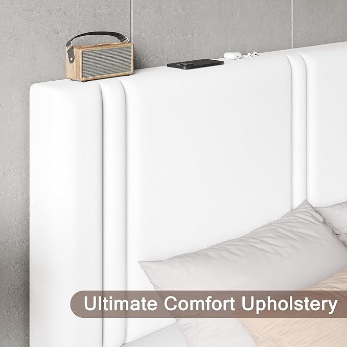 Upholstered Full Size Bed Frame with Velvet Fabric Headboard, Strong Wooden Slats Support, Noise Free, No Box Spring Needed, White