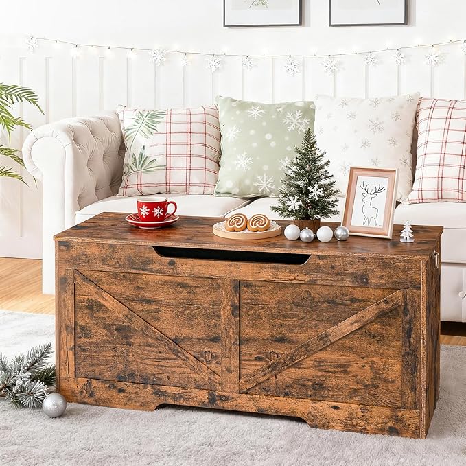 HOOBRO Storage Bench, 43.3” Retro Wooden Storage Chest with U-Shaped Cut-Out Pull, Safety Hinge, Supports 220 lb and Easy Assembly for Toy Box Organizer (Rustic Brown) BF772CW01