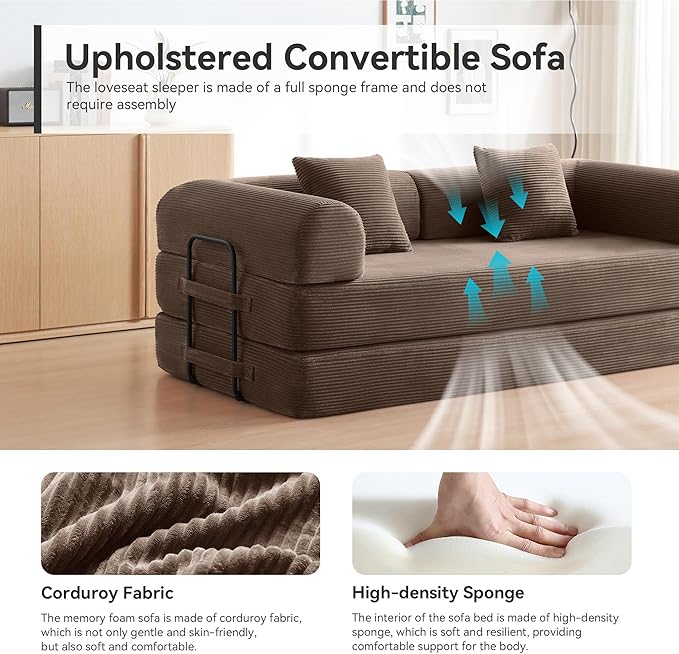 Convertible Modular Sleeper Sofa Bed, Mid Century Modern Decor Love Seat Memory Foam Couches, Sleeper Sofa Bed for Living Room, Solid & Easy to Install Cloud Couch (Brown)