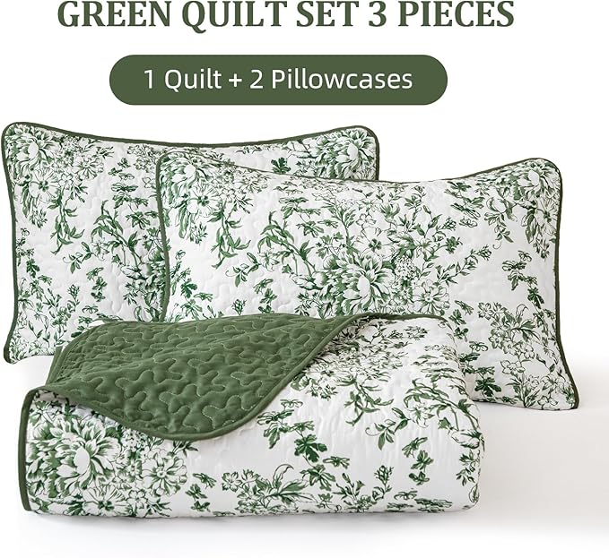 WONGS BEDDING Quilt Queen Size, Green Quilt Bedding Set with 2 Pillowcases, Botanical Quilts for Queen Bed, Soft Microfiber Lightweight Coverlet Bedspread for All Season (96"×90", 3 Pieces)