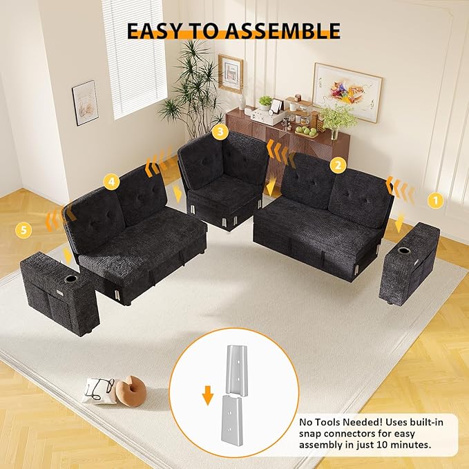 Modular Sectional Sleeper Sofa with Pull Out Bed, L Shaped 5 Seat Sectional Couches for Living Room, 84 Inch Sofa Bed with Adjustable Backrest | Hidden Storage | Wide Armrest | Navy Blue