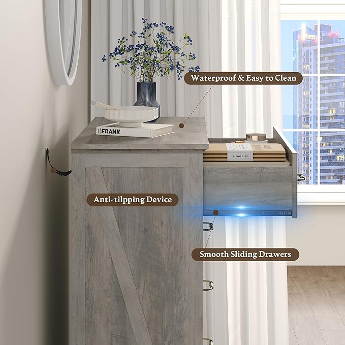 Farmhouse 6 Drawers Dresser for Bedroom, 43" Tall Wood Chest of Drawers with Deep Drawers & Bar Handles, Modern Dresser TV Stand, Rustic Wooden Closet Storage Organizer for Living Room, Hallway, Grey
