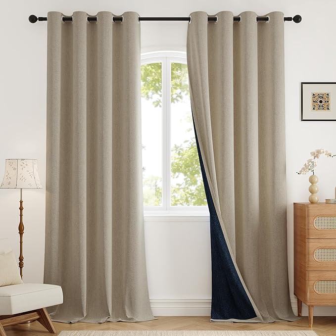 Blackout Curtains 84 Inch Length 2 Panels Set for Living Room/Bedroom, Grommet Linen-Look Textured Light Blocking Room Darkening Energy Saving Thermal Insulated Drapes (W52xL84, Natural)