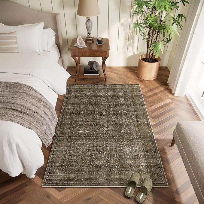 Washable 4x6 Rugs for Living Room, Boho Non-Slip Vintage Distress Small Rugs for Bedroom Nursery Office, 0.3" Neutral Oriental Throw Thin Carpet with Cushioning Pad, Rust/Multi