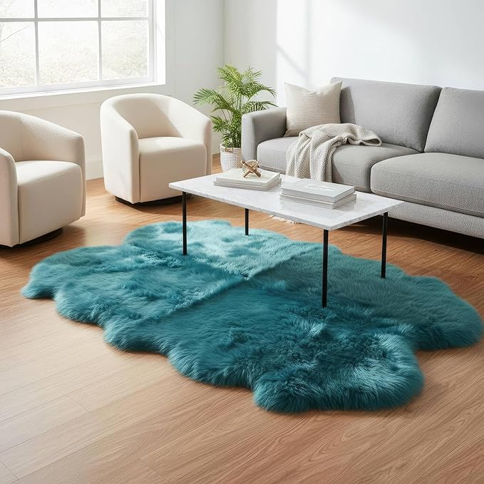 Beach Blue Genuine Sheepskin Rug 4x6 ft, Real Fluffy Quad Pelt Fur Area Rug for Living Room, Bedroom, & Nursery, Shaggy Boho, Modern, or Farmhouse Decor