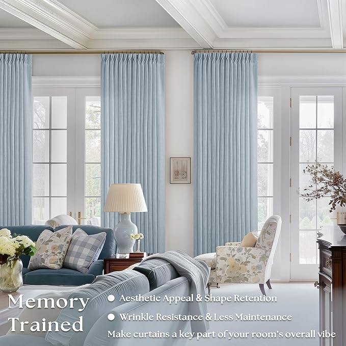 Dusty Blue 80 Inch Pinch Pleated Linen Curtains 2 Panels Set for Living Room Bedroom Boho Farmhouse Light Filtering Semi Sheer Back Tab Pinch Pleat with Hooks Rings Window Curtain 80 Inches Long