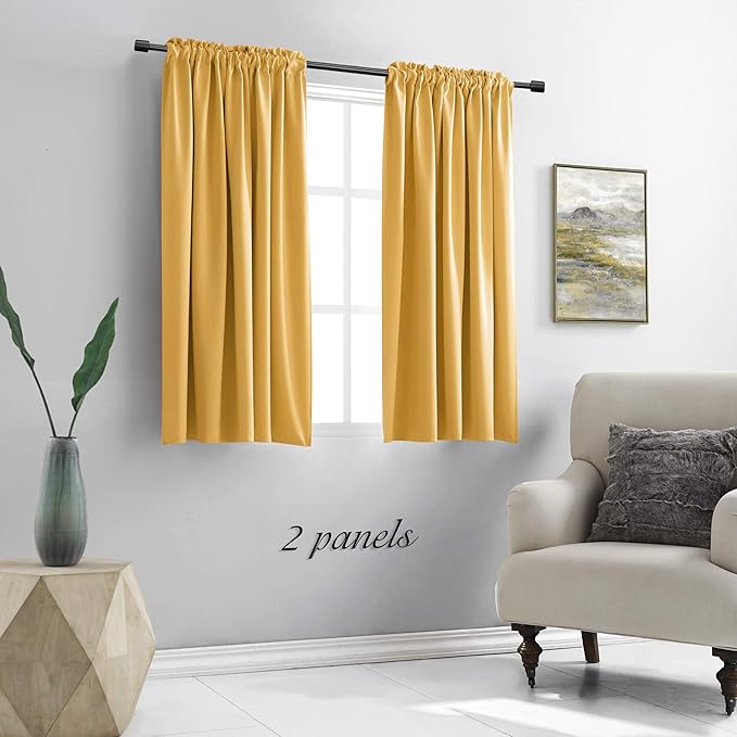 DONREN 48 Inch Length Short Curtains for Kitchen - Small Window Treatment Rod Pocket Blackout Curtain Drapes (1 Pair,Glod Yellow,52 Inches Wide by 48 Inches Long)