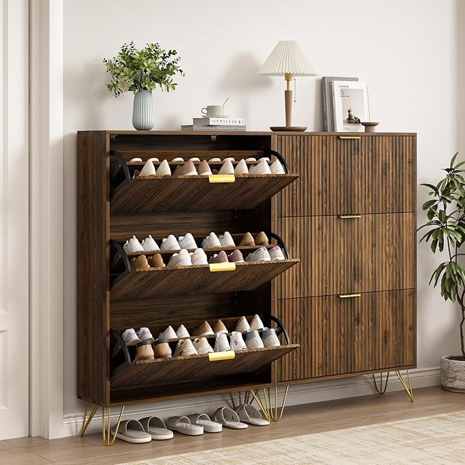 Shoe Cabinet with 3 Flip Drawer, Mid Century Shoe Cabinet Storage for Entryway Slim, Hidden Shoe Storage Cabinet, Freestanding Shoes Rack Organizer for Entryway, Walnut