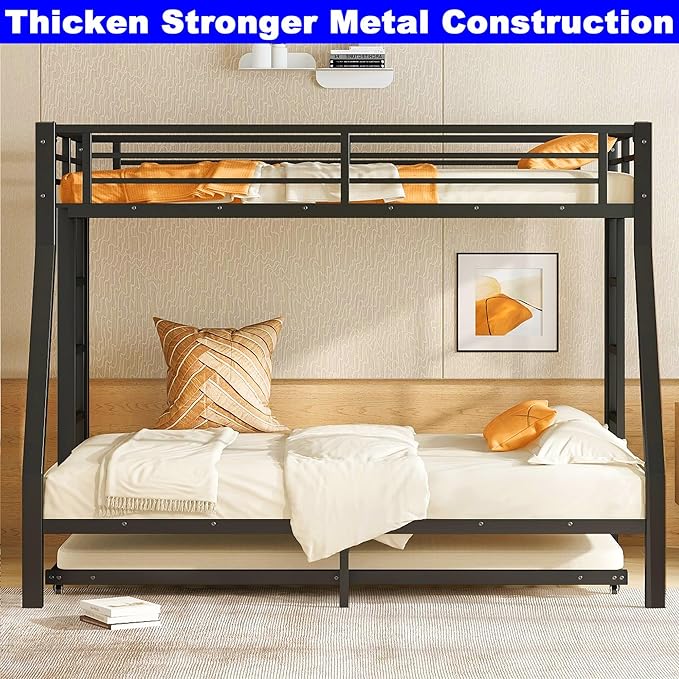 Upgraded Version Thicken Stronger Metal Heavy-Duty Twin Over Full Bunk Bed with Twin Size Trundle, Bunk Bed for Adults with Ladders, Easy Assemble (Twin/Full)