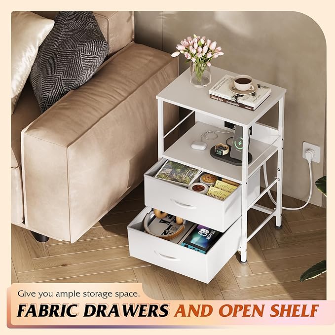 WLIVE White Night Stand with Charging Station, LED Nightstand with 2 Fabric Drawers and Storage Shelf, Dorm Bedside Table End Table with 2 USB Ports and Outlets, Small Dresser for Bedroom