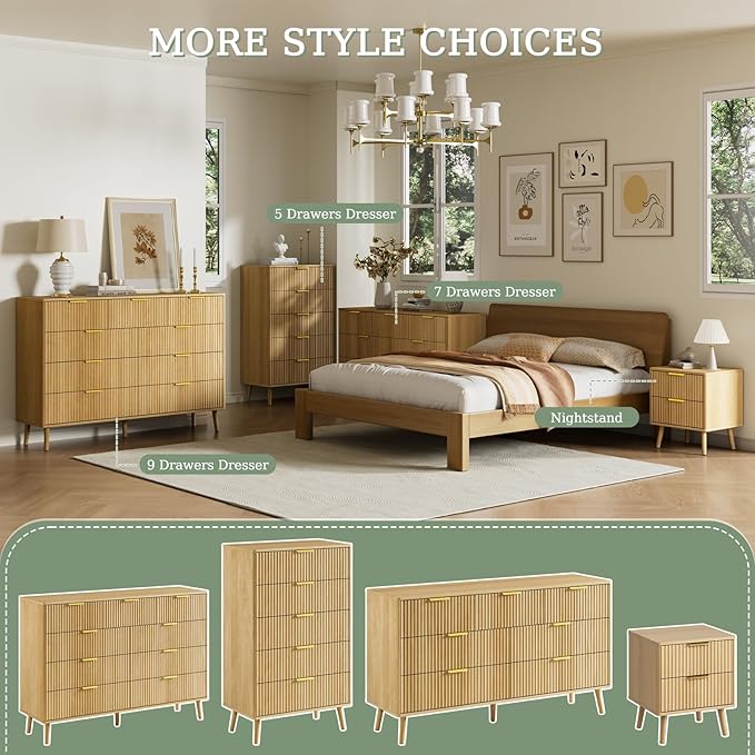 LYNSOM Fluted Dresser and Nightstand Sets 3 Piece, 7-Drawers Dresser and 1-Drawer Nightstands Set of 2, Wood Bedroom Furniture Set for Home, Bedroom, Hallway, Oak