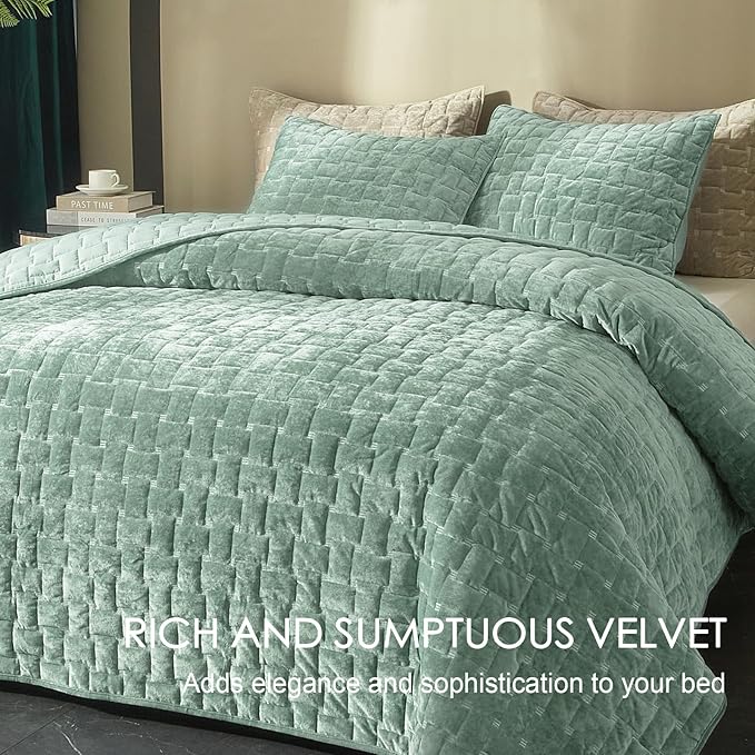 Powdion Velvet Quilt King Size, Oversized Bedspread Coverlet Quilted Bedding Set, Lightweight Velvet Comforter Set Luxury Coverlet Set for All Season with 2 Pillow Shams, 96x106 Aqua Green