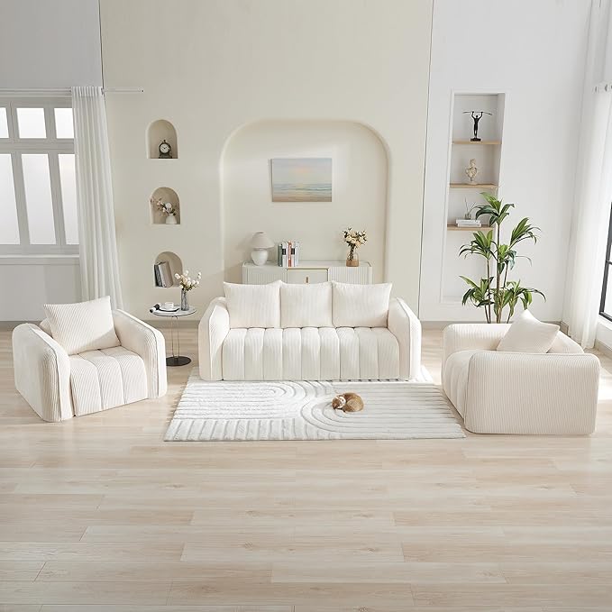 Corduroy Boneless Living Room Sets, Modern Upholstered 3 Seater Sofa with 2 Signle Accent Chairs, Comfy Deep Seat Cloud Sofa Couch Sets for Living Room, White
