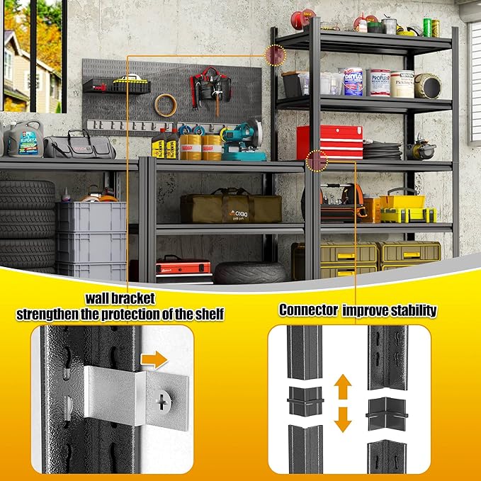 63''Storage Shelves, 4-Tier Garage Metal Shelving Unit, Adjustable, Double-Layer Column with Reinforced Ribs, Heavy-Duty, Capable of Bearing 2400 lbs Suitable for Garage, Warehouse, Kitchen Storage