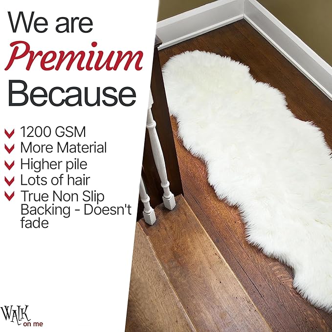 Walk on Me White Double Pelt Faux Fur Sheepskin Rug: Ultra Soft, Super Thick, Fluffy 2x6 Feet, Living Room, Bedroom, Office, Synthetic, Latex, Non-Slip