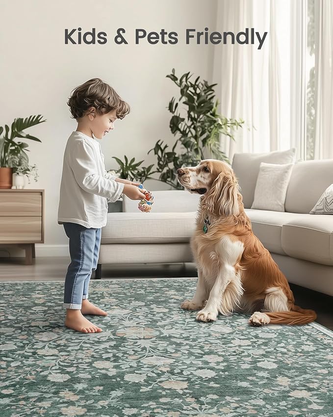 AMADA HOMEFURNISHING 8x10 Area Rugs, Washable Low-Profile Large Living Room Rug with Non-Slip Backing & Durable Edge Binding, Soft Vintage Rug for Bedroom, Dinning Room, Home Office