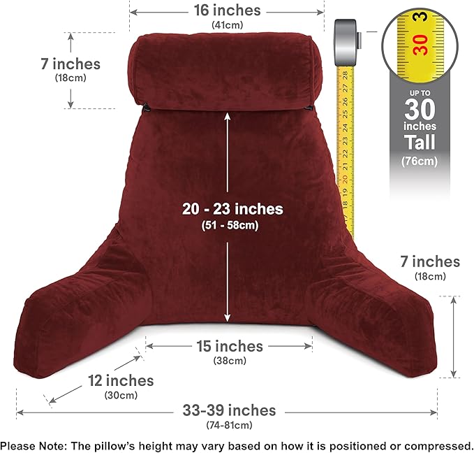 Husband Pillow XXL – Reading Pillow Bed Chair with Arms & Back Support – Maroon - Back Pillow for Beds Sitting Up – Bed Rest Arm Pillow – Comfy Reading Pillow for Adults