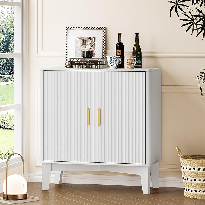 Storage Cabinet with Doors and Adjustable Shelf, Modern Fluted Sideboard Buffet Cabinet, Freestanding Coffee Bar for Kitchen, Pantry, Entryway, Living Room (White)