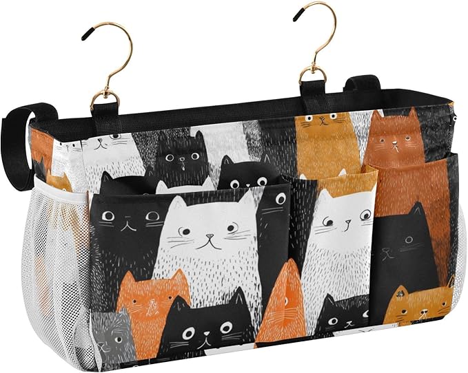 Bedside Caddy Hanging Bunk Bed Caddy Bed Organizer Hanging Pocket with 2 Hooks Bedside Storage Organizer Pocket Bag Holder Black and White Orange Cat